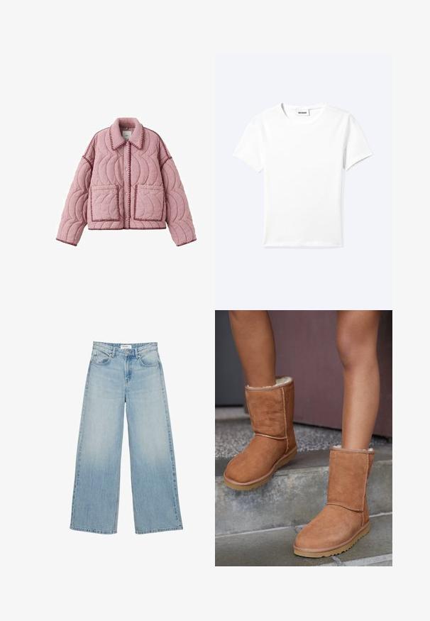 Veste matelassée rose avec grandes poches avant, coutures à bord festonné, fermeture à boutons-pression et col pointu.; T-shirt blanc uni à manches courtes et col rond avec une petite étiquette "WEEKDAY" à l'intérieur de l'encolure, présenté à plat sur un fond clair.; Jeans bleu clair taille haute à jambes larges avec poches avant, fermeture par boutons et passants de ceinture sur fond blanc.; Bottines en suede marron, à bout rond, avec une doublure douce et une semelle en caoutchouc, présentant des détails de couture visibles le long des coutures.