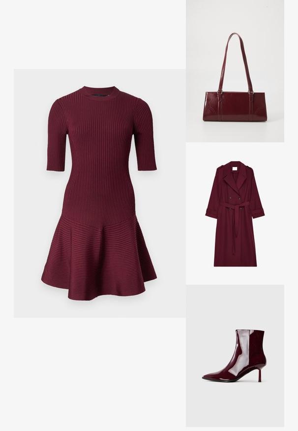 Bordeaux lange trenchcoat met dubbele knopen, riem op de taille, reverskraag en schouderepauletten.; Bordeaux ribbeljurk met korte mouwen, aansluitend lijfje en uitlopende rok. Voorzien van een ronde hals en textuurstof.; Glanzende donkerrode enkellaars met pointed toe en dunne, middelhoge hak op een effen lichte achtergrond.; Bourgondische handtas van glanzend materiaal, rechthoekige vorm, met twee schouderbanden en subtiele gebogen accenten aan de voorkant.