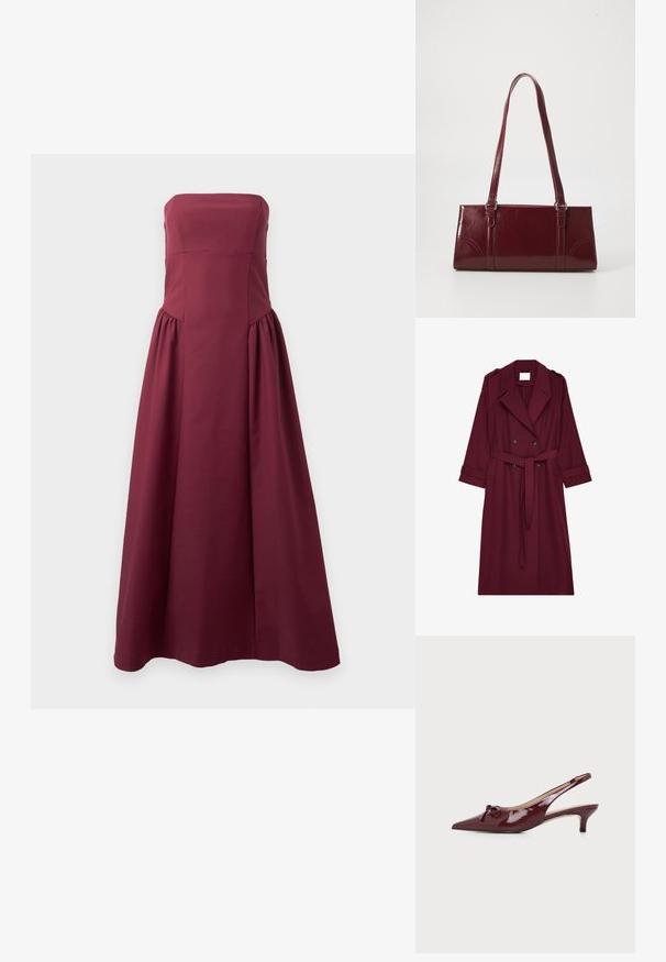 Abrigo largo burdeos con botones de doble botonadura, cinturón en la cintura, cuello de muesca y hombreras.; Vestido de noche burdeos sin mangas ni tirantes, con corpiño ajustado y falda amplia fruncida que llega hasta el suelo.; Zapato slingback de charol burdeos con punta afilada, tacón bajo y lazo decorativo en la parte superior sobre fondo blanco.; Bolso burdeos hecho de material brillante, de forma rectangular, con dos asas para el hombro y sutiles acentos curvados en la parte frontal.