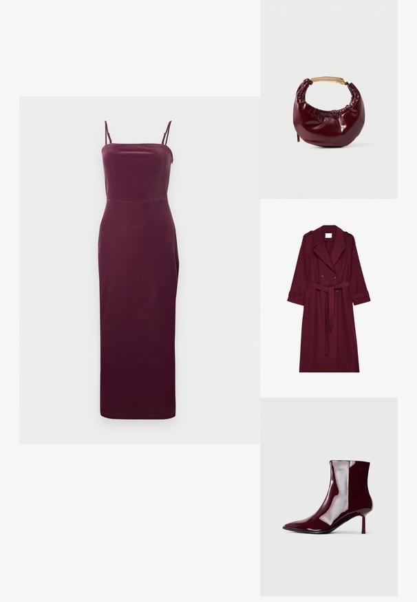 Abrigo largo burdeos con botones de doble botonadura, cinturón en la cintura, cuello de muesca y hombreras.; Vestido midi burdeos hecho de tela suave, con finas tirantes tipo espagueti y una silueta ajustada que se estrecha hacia el dobladillo.; Botín de tobillo brillante en un oscuro tono rojo con puntera afilada y tacón delgado de altura media sobre un fondo claro y liso.; Bolso de mano de piel sintética burdeos con forma redondeada, detalles fruncidos y un asa de metal dorado. Textura suave y acabado brillante.