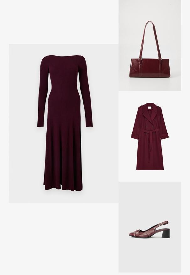 Abrigo largo burdeos con botones de doble botonadura, cinturón en la cintura, cuello de muesca y hombreras.; Vestido midi de punto acanalado de manga larga en un profundo color burdeos con corsé ajustado y falda ligeramente acampanada sobre fondo blanco.; Zapato slingback de cuero burdeos con punta redonda, diseño curvado, acentos de metal plateado y tacón ancho. Acabado texturizado.; Bolso burdeos hecho de material brillante, de forma rectangular, con dos asas para el hombro y sutiles acentos curvados en la parte frontal.