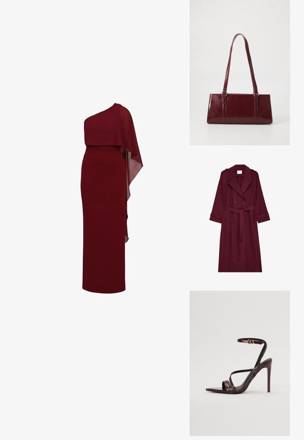 Abrigo largo burdeos con botones de doble botonadura, cinturón en la cintura, cuello de muesca y hombreras.; Vestido largo hasta el suelo sin mangas en rojo oscuro con una capa asimétrica que cae sobre un hombro, creando un efecto de capas.; Sandalia de tacón alto de charol burdeos con tira en el tobillo, punta afilada y tres tiras horizontales en el pie. Detalle de hebilla en tono dorado.; Bolso burdeos hecho de material brillante, de forma rectangular, con dos asas para el hombro y sutiles acentos curvados en la parte frontal.
