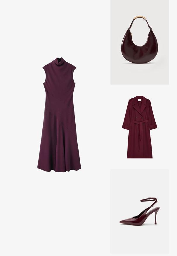 Burgunderfarbener langer Trenchcoat mit doppelreihigen Knöpfen, Gürtel in der Taille, Reverskragen und Schulterklappen.; Ärmelloses, dunkelviolettes Kleid mit hochgeschlossenem Kragen, anliegendem Oberteil und ausgestelltem Rock, mit diagonalen Nahtdetails und Knopfverschluss am Hals.; Glänzender burgunderfarbener High Heel mit spitzer Schuhspitze, Knöchelriemen und Schnalle, schmaler Stilettoabsatz, Seitenansicht auf einfachem Hintergrund.; Dunkelbraune, halbmondförmige Ledertasche mit kurzem Griff, der eine goldfarbene Metallbacke und einen Seitenreißverschluss aufweist.