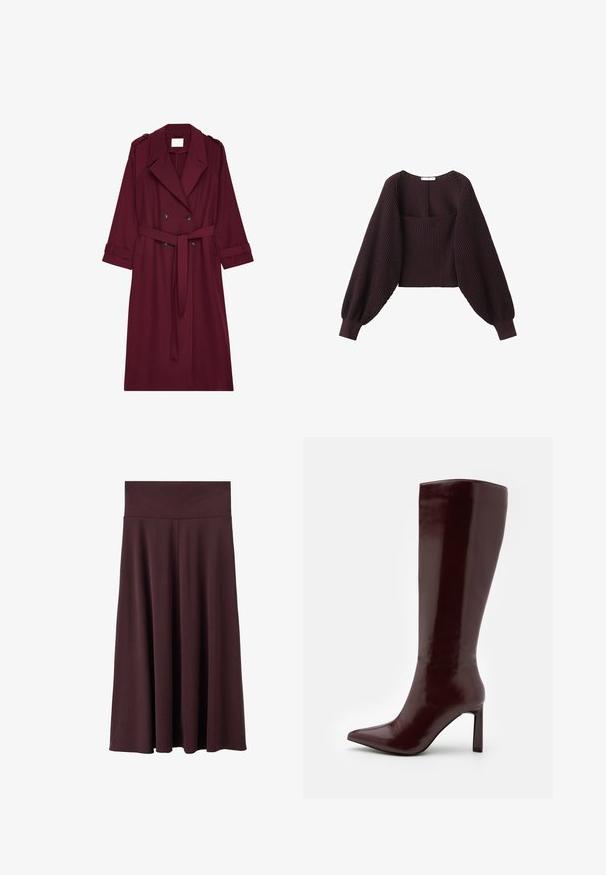 Bordeaux lange trenchcoat met dubbele knopen, riem op de taille, reverskraag en schouderepauletten.; Donkerbruin gebreide trui met brede, lange ballonmouwen en een aangesloten geribbelde taille, met een brede vierkante halslijn.; Marsala midi-rok gemaakt van zachte stof met een brede, elastische tailleband. Heeft een vloeiend ontwerp dat licht taps toeloopt naar de zoom.; Even&Odd by Zalando Laarzen - dark red
