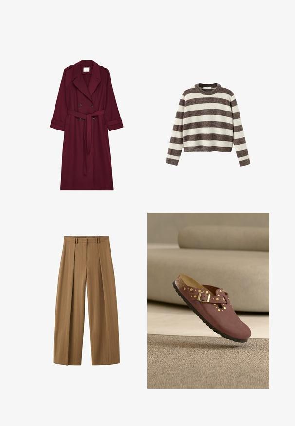 Bordeaux lange trenchcoat met dubbele knopen, riem op de taille, reverskraag en schouderepauletten.; Gestreepte trui in crème en donkerbruin. Geribbelde ronde hals, lange mouwen en een cropped zoom. Zachte textuur met een ontspannen pasvorm.; Brunette hoge taille wijde broek met subtiele krijtstrepen, plooien aan de voorkant, lussen voor een riem en een verborgen rits aan de voorkant.; Bruine instapschoen met gouden studs en gespsdetail, gevoerde kurken zool, rustend op een beige tapijt voor een lichte bank.