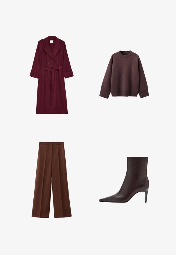 Bordeaux lang trenchcoat med dobbeltknaplukning, bælte i taljen, slagkrave og skulderklapper.; Løs pasform sweater i mørk bordeaux, lavet af blødt strikket stof. Har en ribstrikket rund hals, vide ærmer og en ribstrikket kant.; Brune bukser med høj talje og vide ben, med forreste plisseringer og skjult linninglukning.; Brun læder ankelstøvle med spids tå, slank skafter og en tynd, høj hæl. Glat tekstur, minimalistisk design, ingen synlig hardware.