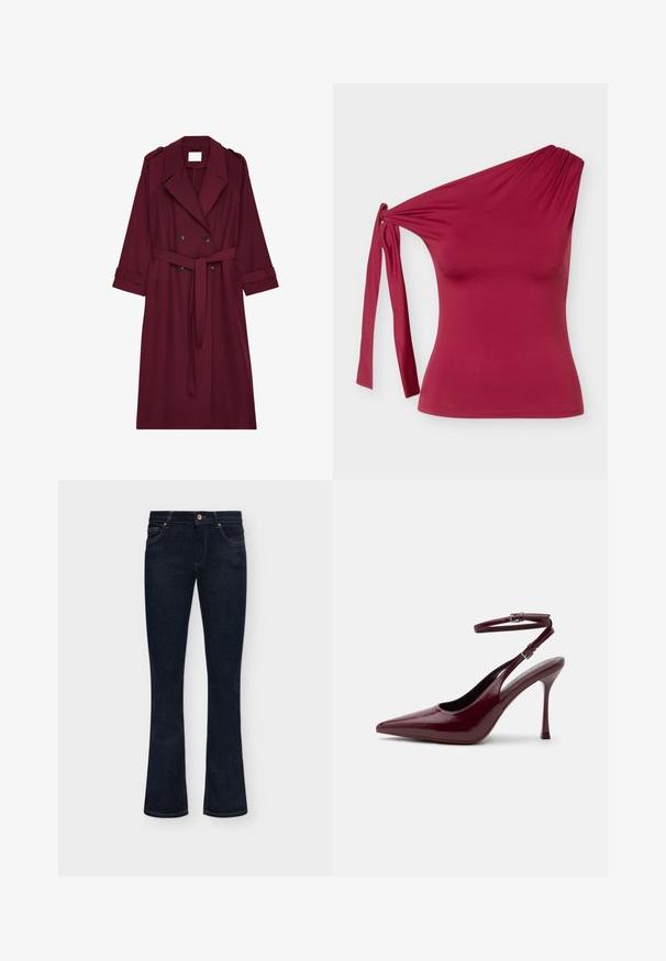 Bordeaux lange trenchcoat met dubbele knopen, riem op de taille, reverskraag en schouderepauletten.; Eénschouder mouwloze kastanjebruine top met detail van knoop aan de zijkant en aangesloten silhouet tegen een effen lichtgrijze achtergrond.; Donkerblauwe denim jeans met een mid-rise taille, knoop aan de voorkant en lichte uitlopende pijpen onderaan op een effen achtergrond.; Glanzende bordeauxrode hoge hak met puntige neus, enkelriem en gesp, slanke stilettohak, zijaanzicht op een effen achtergrond.