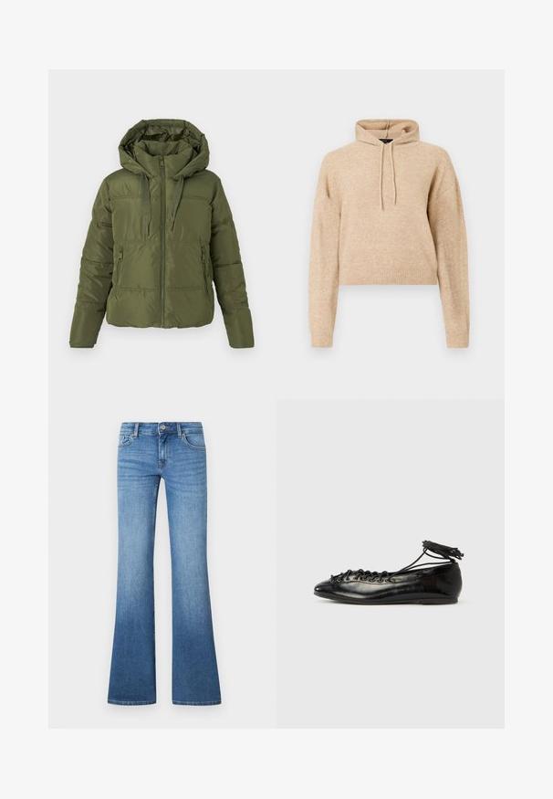 Doudoune vert olive avec capuche attachée, fermeture éclair frontale, cordons de serrage et poches latérales zippées, conçue pour les temps froids.; Haut de sweat en maille beige, cropped, avec des manches longues et une capuche à cordons, présenté sur fond blanc.; Jean flare bleu clair en denim. Comprend un design à cinq poches, une fermeture par bouton métallique et un léger délavage près des genoux.; Ballerines en cuir verni noir avec un bout rond, un design à lacets et une semelle plate. Texture lisse avec peu de détails.
