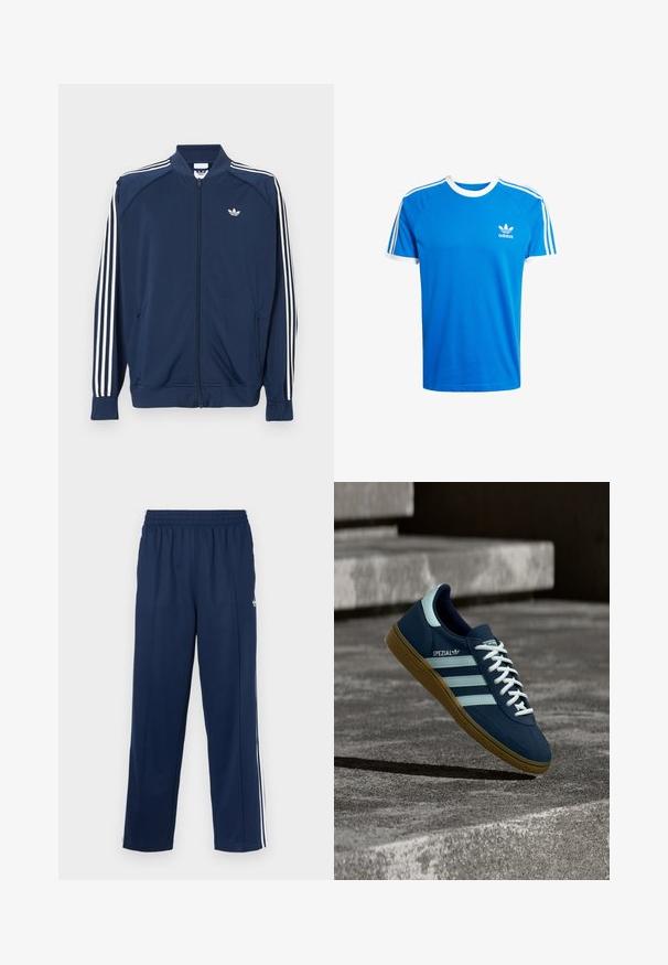 Marineblå lynlåstrøje i polyester med hvide tre-stribe accenter på ærmerne og et lille hvidt logo på brystet.; Blå bomulds t-shirt med hvid ribbet rund hals og ærmesømme. Har klassiske tre hvide striber langs skuldrene; lille logo på brystet.; Marineblå træningsbukser med en tekstureret finish, elastisk taljebånd og hvide sidelommer. Har en lige pasform og ingen lommer.; Blå Adidas Spezial sneaker med hvide striber og snørebånd, gummisål, svævende over en ru betongoverflade og trin i baggrunden.