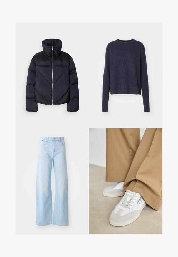 Puffermantel in dunkelblau mit hohem Kragen, ausgestattet mit einem glänzenden Reißverschluss und diagonalen Nahtdetails. Hergestellt aus leichtem, glänzendem Stoff.; Navyblauer Pullover mit langen Ärmeln, einem runden Halsausschnitt sowie gerippten Bündchen und Saum. Hergestellt aus einem weichen, strukturierten Stoff.; Helleblaue weit geschnittene Jeans aus Denim mit hoher Taille, Fronttaschen, Knopfverschluss und gestepptem Saumdetails.; Weiße Sneakers mit Wildlederakzenten, strukturierten Schnürsenkeln und einer Gummisohle. Kombiniert mit lockeren, sandfarbenen Hosen. Logo an der Seite angebracht.