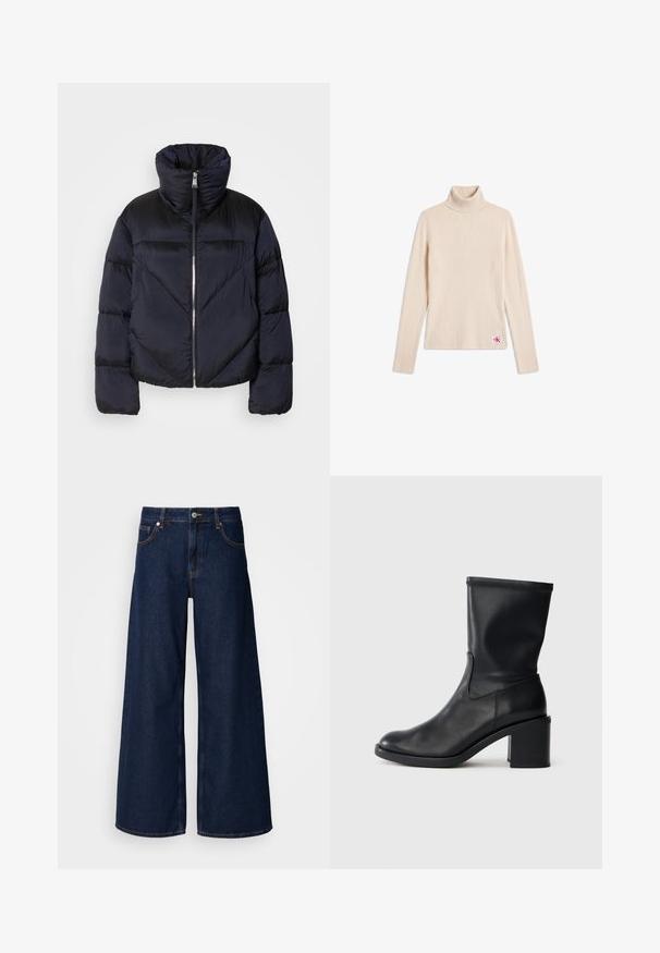 Puffervest i mørk navy med høj krave, prydet med en metallisk lynlås og skrå sømdetaljer. Lavet af let, skinnende stof.; Beige ribstrikket langærmet turtleneck sweater med et lille logopatch nær den nederste kant på en hvid baggrund.; Bredde ben mørkeblå denimbukser med høj talje, frontlommer og knaplukning. Har kontrastsyninger og en glat tekstur.; Sort læder ankelstøvle med rund tå, glat tekstur og en grov hæl, der har et tætsiddende skaft og subtil syning.
