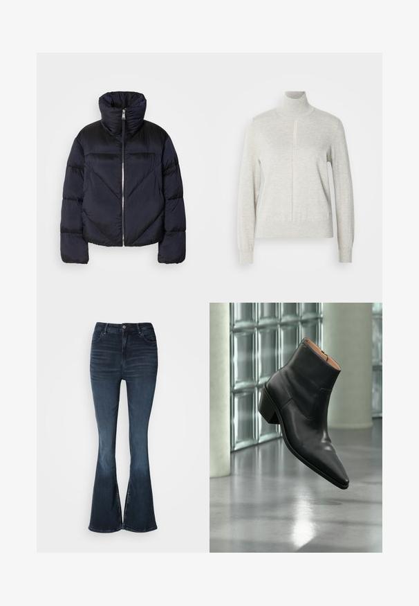 Puffervest i mørk navy med høj krave, prydet med en metallisk lynlås og skrå sømdetaljer. Lavet af let, skinnende stof.; Lys grå sweater med høj krave og kvart lynlås. Lavet af et blødt, struktureret materiale, der har lange ærmer og en tætsiddende kant.; Mørkeblå denim flare jeans med høj talje, knaplukning, forlommer og subtilt falmede detaljer på lår og knæ.; Sort læderankelstøvle med spids tå og blokhæl, der svæver over en reflekterende grå gulv nær en væg af glasblokke.
