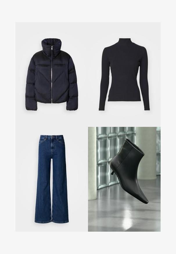 Puffervest i mørk navy med høj krave, prydet med en metallisk lynlås og skrå sømdetaljer. Lavet af let, skinnende stof.; Sort ribbet turtle-sweater med lange ærmer. Lavet af strækbart stof med en tætsiddende pasform og høj krave. Enkel design uden udsmykninger.; Vidbenede mørkeblå jeans lavet af denim, med høj talje, klassisk fem-lomme-design og subtile syningsdetaljer langs sømmene.; Sort læderankelstøvle med spids tå og lav kitten-hæ, vist vinklet mod en poleret gulv- og glasblokvæg.