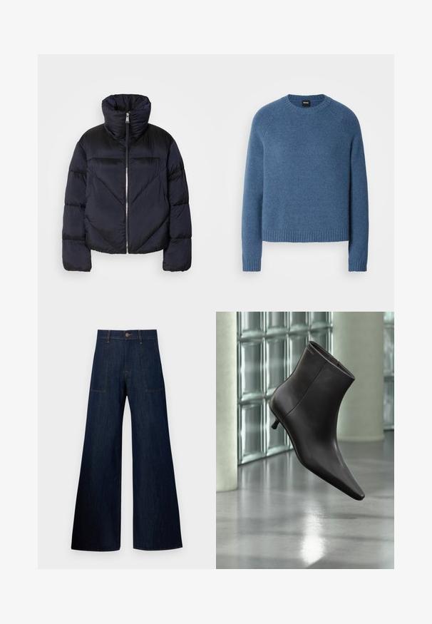Puffermantel in dunkelblau mit hohem Kragen, ausgestattet mit einem glänzenden Reißverschluss und diagonalen Nahtdetails. Hergestellt aus leichtem, glänzendem Stoff.; Gemütlicher blauer Pullover aus weichem Stoff, mit einem gerippten Ausschnitt und Bündchen, locker sitzend und mit zartem Muster.; Dunkelblaue weit geschnittene Jeans aus Denim, ausgestattet mit zwei Vordertaschen, sichtbaren Nähten und einem Knopfverschluss an der Taille.; Schwarzer Leder-Knöchelstiefel mit spitzer Spitze und kleinem Absatz vor einer Wand aus Glasbausteinen und einem polierten Boden.