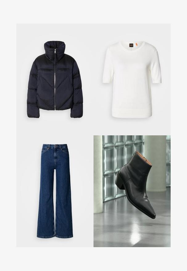 Puffervest i mørk navy med høj krave, prydet med en metallisk lynlås og skrå sømdetaljer. Lavet af let, skinnende stof.; Hvid kortærmet strik-top med rund halsudskæring, ribkant og blød tekstur. Logomærke med orange detalje ved kraven.; Vidbenede mørkeblå jeans lavet af denim, med høj talje, klassisk fem-lomme-design og subtile syningsdetaljer langs sømmene.; Sort læderankelstøvle med spids tå og blokhæl, der svæver over en reflekterende grå gulv nær en væg af glasblokke.