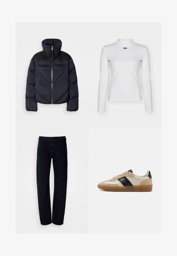 Pufferjack in donker marineblauw met hoge kraag, voorzien van een metallic rits en diagonale naaddetails. Gemaakt van een lichte, glanzende stof.; Witte lange mouw turtleneck top van rekbare stof, met een strakke pasvorm en een klein blauw logo op de borst.; Zwarte denim broek met rechte pasvorm, voorzien van een klassiek vijf-pocket ontwerp, knoopsluiting en subtiele stikdetails aan de zijkanten.; BOSS BRENTA - Sneakers laag - medium beige