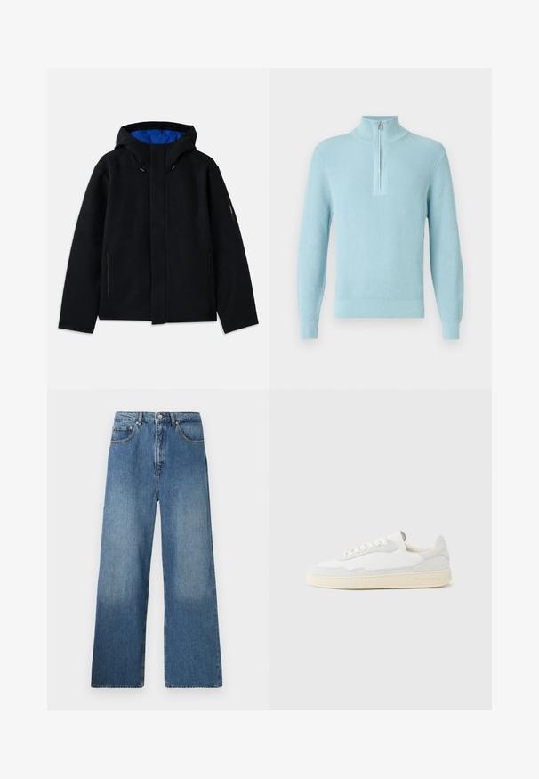 Veste à capuche noire avec un intérieur bleu, dotée de deux poches zippées sur les côtés, d'une coupe droite et de réglages par cordon sur la capuche.; Pull bleu clair côtelé avec un col montant, une fermeture à glissière mi-hauteur, des manches longues et un ourlet ajusté, fabriqué en tissu doux et texturé.; Jean en denim bleu à jambes évasées avec un design classique à cinq poches, fermeture à bouton à l'avant et légères décolorations pour ajouter de la texture.; Baskets blanches avec dessus en daim et cuir texturé. Caractérisées par un bout arrondi, une fermeture à lacets et une semelle en caoutchouc beige contrastante.