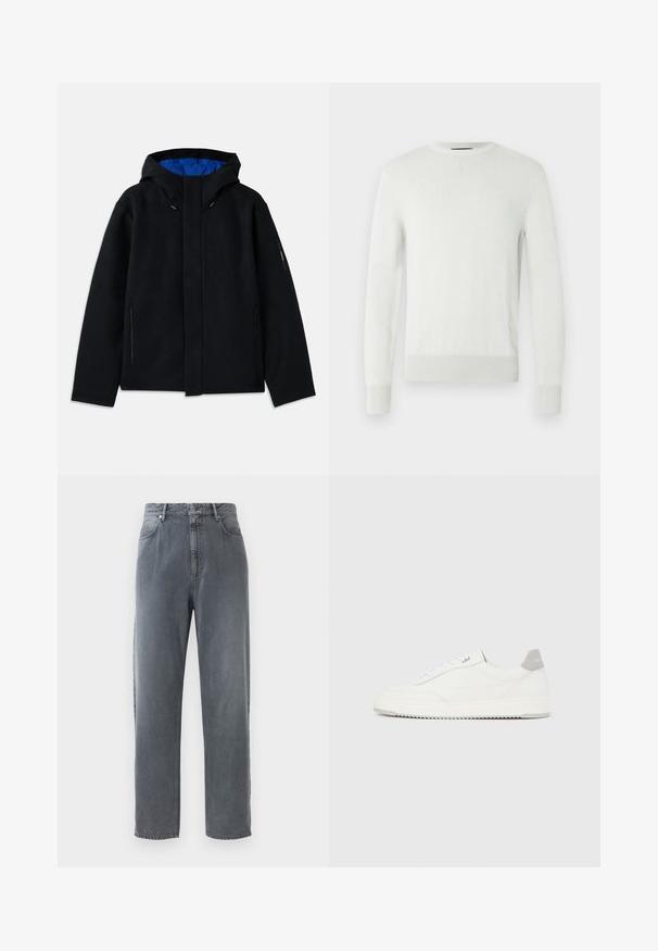 Sort hættetrøje med blåt indre, der har to sidelommer med lynlås, lige pasform og snorejusteringer på hætten.; Lysegrå crewneck-trøje lavet af blødt strikket materiale. Har ribstrikkede manchetter og kant samt en subtil tekstur og et minimalistisk design.; Højtraljede, lige ben jeans i falmet grå denim, med fem lommer, knaplukning og subtil falmning på stoffet.; Hvid lavtop-sneaker med gråt hælflig, hvide snørebånd og tekstureret sål, vist på en ensfarvet lys baggrund.