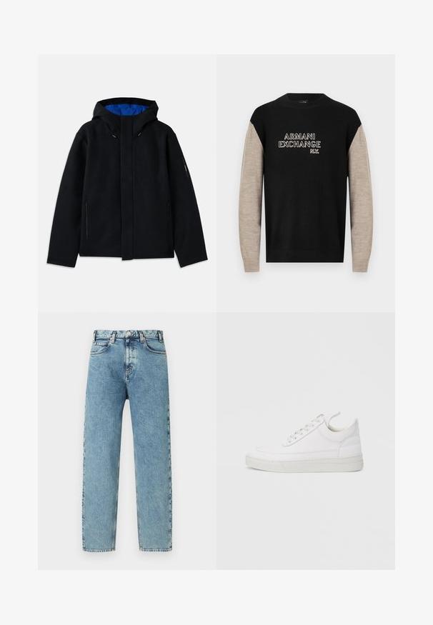 Sort hættetrøje med blåt indre, der har to sidelommer med lynlås, lige pasform og snorejusteringer på hætten.; Sort og beige sweater med lange ærmer, der har en rund halsudskæring og "ARMANI EXCHANGE N.Y." logo i kontrasterende hvid syning.; Lyseblå denimjeans med lige ben, fem lommer og lukning med messingknap. Stoffet har et let tekstureret, falmet udseende.; Hvid lædersneaker med rundet tå, flad sål og snørebånd foran. Har syningsdetaljer og polstret krave for komfort.