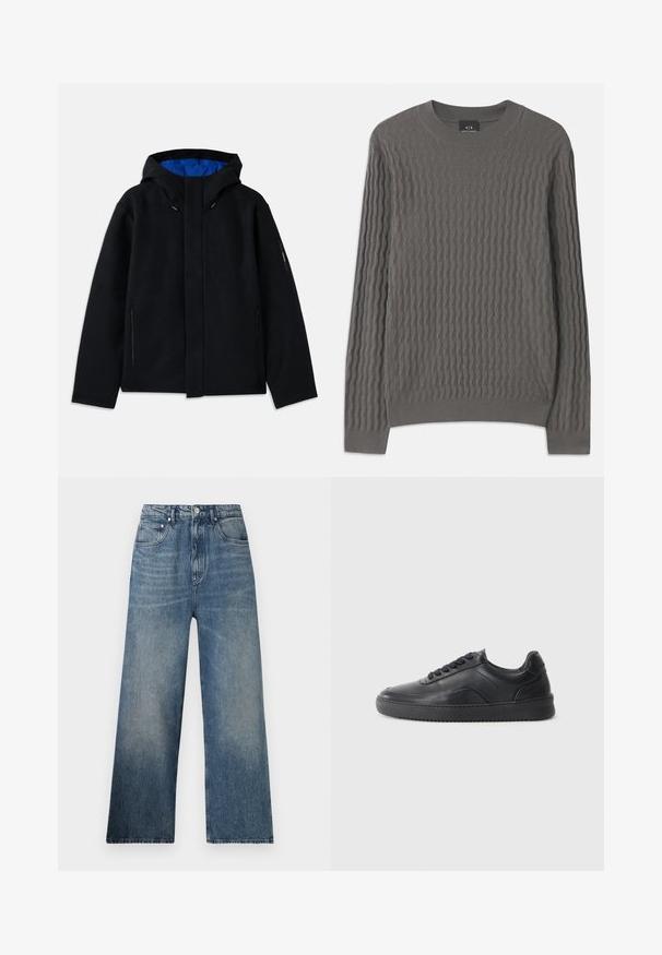 Zwarte capuchonjack met een blauwe binnenkant, voorzien van twee zijzakken met rits, een rechte snit en koordverstellingen op de capuchon.; Armani Exchange Trui - dark gull zig zag; Blauwe denim wijdgerande jeans met een hoge taille, voorzien van subtiele vervaging, vijf zakken en een metalen knoopsluiting aan de voorkant.; Zwarte leren sneaker met een gladde afwerking, ronde neus, textuurpaneel aan de zijkant en zwarte veters. Voorzien van een platte rubberen zool en een minimalistisch ontwerp.
