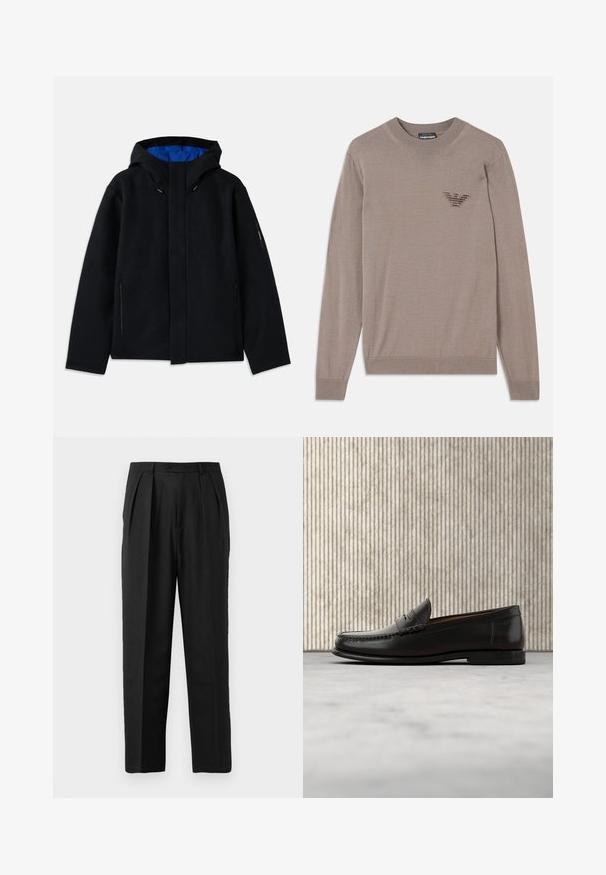Sort hættetrøje med blåt indre, der har to sidelommer med lynlås, lige pasform og snorejusteringer på hætten.; Beige sweater med lange ærmer, rund hals, ribbede kanter og et broderet logo på brystet. lavet af et blødt, let stof.; Sorte plisserede bukser med et skrædderlavet design, fremstillet af glat stof, med knaplukning og lige ben.; Sort læder penny loafer med lav hæl, rundet tå og syningsdetaljer langs fronten og siderne, vist på neutral baggrund.
