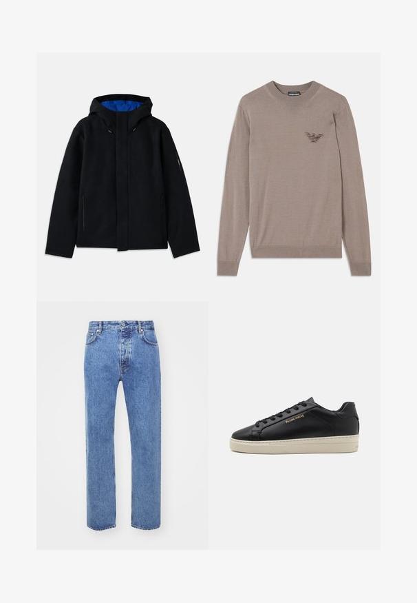 Zwarte capuchonjack met een blauwe binnenkant, voorzien van twee zijzakken met rits, een rechte snit en koordverstellingen op de capuchon.; Beige trui met lange mouwen, ronde hals, geribbelde zoom en een geborduurd logo op de borst. Gemaakt van een zachte, lichtgewicht stof.; Won Hundred STEVE - Relaxed fit jeans - cut blue; Zwarte leren sneaker met een gladde afwerking, contrasterende crèmekleurige zool, ronde neus, gouden logo aan de zijkant en zes gaatjes voor veters.