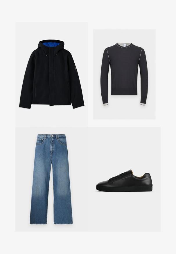 Veste à capuche noire avec un intérieur bleu, dotée de deux poches zippées sur les côtés, d'une coupe droite et de réglages par cordon sur la capuche.; Pull noir à manches longues avec des surpiqûres blanches le long des épaules et des poignets, avec un col rond et un ourlet et des poignets côtelés.; Jean en denim bleu à jambes évasées avec un design classique à cinq poches, fermeture à bouton à l'avant et légères décolorations pour ajouter de la texture.; Basket basse en cuir noir avec lacets noirs, semelle en caoutchouc texturée et petit logo embossé sur le côté, présenté de profil sur fond gris.