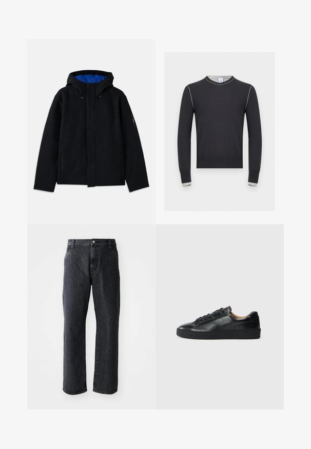 Sort hættetrøje med blåt indre, der har to sidelommer med lynlås, lige pasform og snorejusteringer på hætten.; Sort langærmet sweater med hvid syning langs skuldrene og manchetterne, med rund halsudskæring og ribkant ved kant og manchetter.; Sorte denim jeans med lige snit, med knaplukning, fem lommer og subtil tekstur. Klassisk design uden fremtrædende mønstre.; Sorte lædersneakers med en glat overflade, rund tå og snørebåndslukning. Har en tyk gummisål og minimal branddetalje.