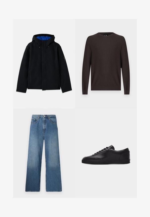 Sort hættetrøje med blåt indre, der har to sidelommer med lynlås, lige pasform og snorejusteringer på hætten.; Mørkebrun langærmet sweater med subtilt tekstureret mønster, rund halsudskæring og ribstrikkede ærmeafslutninger og kant, vist på en ensfarvet hvid baggrund.; Bredde ben blå denim jeans med et klassisk fem-lomme design, frontlukning med knap og let falming for tekstur.; Sort lavtstående lædersneaker med snørebånd foran og flad gummisål, vist fra siden på en ensartet hvid baggrund.