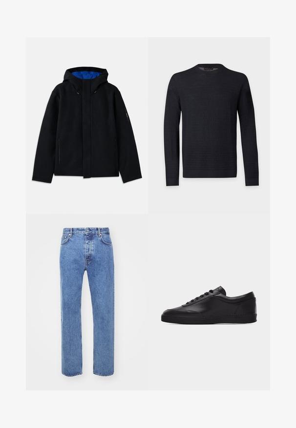 Sort hættetrøje med blåt indre, der har to sidelommer med lynlås, lige pasform og snorejusteringer på hætten.; Sort langærmet crewneck sweater med subtilt tekstureret mønster, ribkantede ærmeafslutninger og kant, vist på en ensartet lys grå baggrund.; Won Hundred STEVE - Jeans Relaxed Fit - cut blue; Sort lavtstående lædersneaker med snørebånd foran og flad gummisål, vist fra siden på en ensartet hvid baggrund.