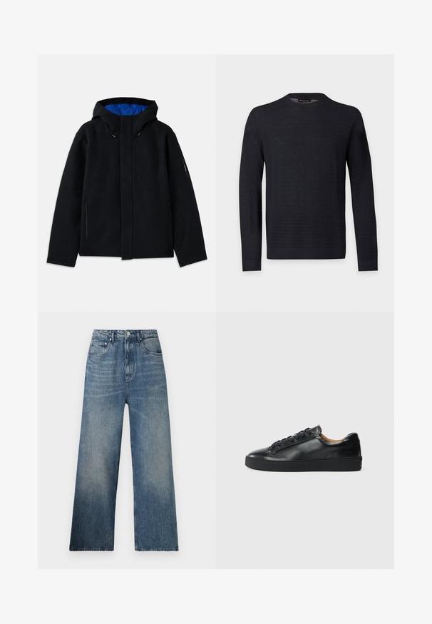 Sort hættetrøje med blåt indre, der har to sidelommer med lynlås, lige pasform og snorejusteringer på hætten.; Sort langærmet crewneck sweater med subtilt tekstureret mønster, ribkantede ærmeafslutninger og kant, vist på en ensartet lys grå baggrund.; Blå denim bredbenede jeans med høj talje, subtilt slid, fem lommer og metalknaplukning foran.; Sorte lædersneakers med en glat overflade, rund tå og snørebåndslukning. Har en tyk gummisål og minimal branddetalje.