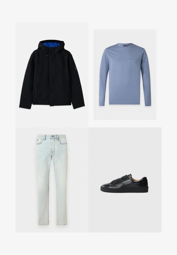 Zwarte capuchonjack met een blauwe binnenkant, voorzien van twee zijzakken met rits, een rechte snit en koordverstellingen op de capuchon.; Lichtblauw T-shirt met lange mouwen en ronde hals met geperst Emporio Armani-logo in het midden van de borst tegen een witte achtergrond.; Lichtblauwe spijkerbroek met rechte pijpen, vijf zakken en subtiele distressed details, voorzien van contrasterende stiksels en een knoopsluiting.; Zwarte leren sneaker met een gladde textuur, ronde neus en vetersluiting. Heeft een dikke rubberen zool en minimale merkaanpassing.