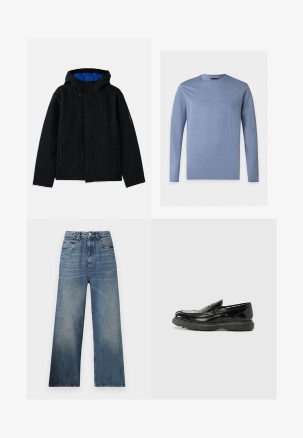 Veste à capuche noire avec un intérieur bleu, dotée de deux poches zippées sur les côtés, d'une coupe droite et de réglages par cordon sur la capuche.; Chemise bleu clair à manches longues avec col rond et logo Emporio Armani en relief centré sur la poitrine, fond blanc.; Jean large en denim bleu à taille haute, avec une légère décoloration, cinq poches et une fermeture à bouton en métal à l'avant.; Mocassin en cuir noir avec une finition brillante, bout arrondi, détails de couture subtils et semelle en caoutchouc épaisse pour la durabilité.