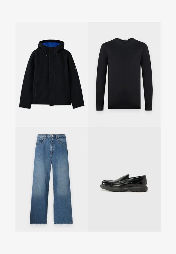 Sort hættetrøje med blåt indre, der har to sidelommer med lynlås, lige pasform og snorejusteringer på hætten.; Sort langærmet T-shirt med rund hals og slank pasform, lavet af glat stof, vist mod en ensartet lys baggrund.; Bredde ben blå denim jeans med et klassisk fem-lomme design, frontlukning med knap og let falming for tekstur.; Sort læderloafer med en blank finish, rund tå, subtile syninger og en tyk gummisål for holdbarhed.