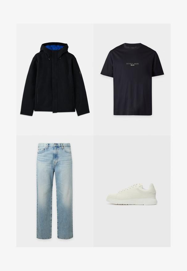 Schwarze Kapuzenjacke mit blauer Innenausstattung, ausgestattet mit zwei seitlichen Reißverschlusstaschen, geradem Schnitt und Zugregulierungen an der Kapuze.; Schwarzes Kurzarm-T-Shirt mit Rundhalsausschnitt und dem Text "EMPORIO ARMANI MILANO", zentriert auf der Brust in kleiner weißer Schrift.; Hellblaue Straight-Leg-Denim-Jeans mit Vordertaschen, Gürtelschlaufen und Knopfverschluss.; Weiße Leder-Sneaker mit texturiertem Obermaterial, runder Zehenpartie, flacher weißer Sohle und tonalen Schnürsenkeln. Dezentes Branding auf der Zunge.