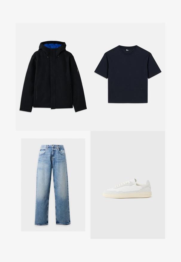 Sort hættetrøje med blåt indre, der har to sidelommer med lynlås, lige pasform og snorejusteringer på hætten.; Mørkeblå kortærmet t-shirt lavet af bomuld. Rund halsudskæring med lige søm og minimal branding i nederste venstre hjørne.; Lyseblå vidde ben jeans med frontlommer, bæltestropper og knaplukning mod en ensfarvet baggrund.; Hvid sneakers med en øvre del i tekstureret ruskind og læder. Har rundet tå, snørelukning og kontrasterende beige gummisål.