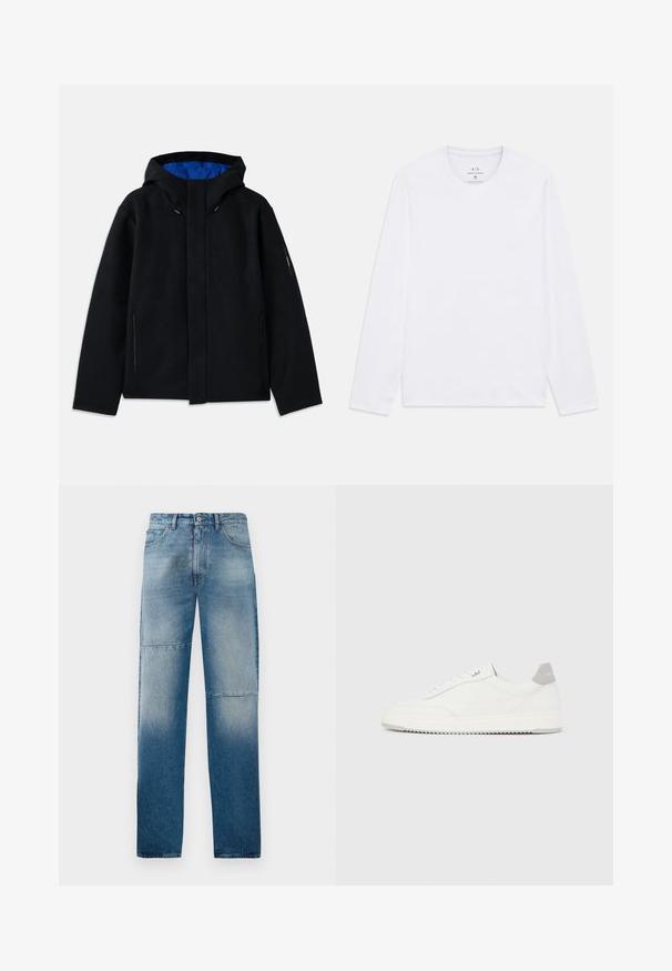 Veste à capuche noire avec un intérieur bleu, dotée de deux poches zippées sur les côtés, d'une coupe droite et de réglages par cordon sur la capuche.; T-shirt à manches longues blanche avec un col rond, portant le logo Armani Exchange imprimé à l'intérieur de l'encolure, taille médium.; Jean en denim bleu clair avec une coupe droite, un lavage décoloré et deux coutures horizontales. Comprend cinq poches et une fermeture à bouton.; Baskets basses blanches avec un onglet de talon gris, des lacets blancs et une semelle texturée, présentées sur un fond uni clair.