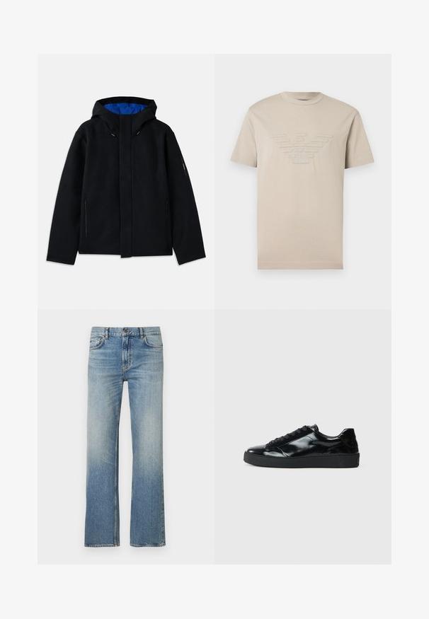Schwarze Kapuzenjacke mit blauer Innenausstattung, ausgestattet mit zwei seitlichen Reißverschlusstaschen, geradem Schnitt und Zugregulierungen an der Kapuze.; Beiges T-Shirt mit kurzen Ärmeln, einem gestickten Adler-Logo und den Initialen "GA" mittig auf der Brust.; Hellblaue Jeans aus Denim mit geradem Bein, versehen mit einem verwaschenen Finish, klassischem Fünf-Taschen-Design und kontrastierenden Nähten.; Schwarze Lackledersneaker mit runder Zehenform, Schnürdesign, strukturiertem Gummisohle und glatter Oberfläche.