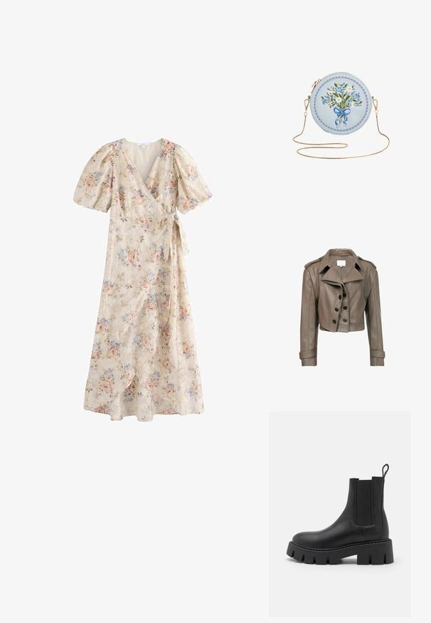 Chaqueta de cuero marrón recortada con un amplio cuello, mangas largas, cierre de botones y dos hombreras. Textura suave con un ajuste entallado.; Vestido cruzado beige claro con mangas abullonadas, estampado floral en rosa y azul, y cinturón anudado en la cintura, largo midi con paneles frontales superpuestos.; Botín negro de piel con paneles elásticos a los lados, suela gruesa y texturizada, y una lengüeta en la parte trasera para facilitar su uso.; Bolso redondo azul claro con flores azules y blancas, atado con un lazo azul, correa de cadena dorada y detalles de borde ondulado.