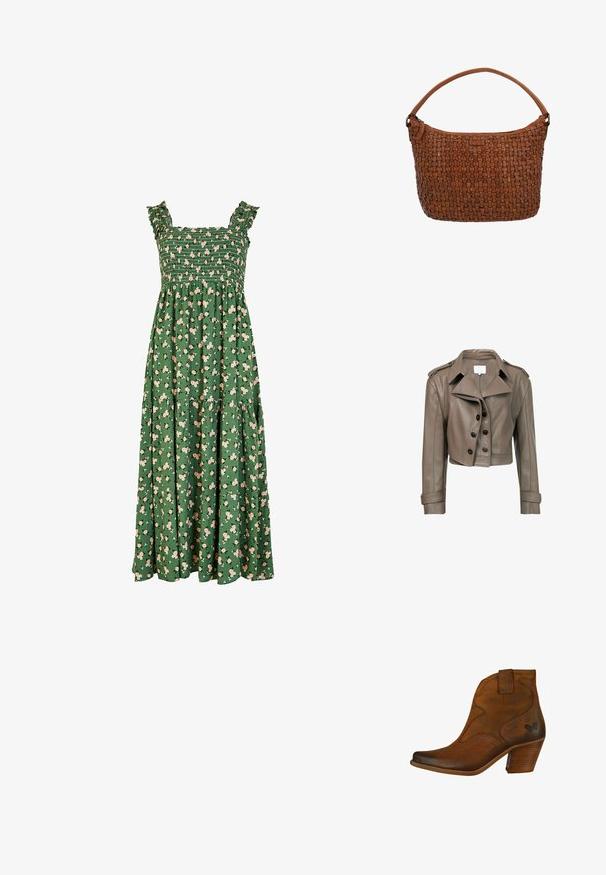 Chaqueta de cuero marrón recortada con un amplio cuello, mangas largas, cierre de botones y dos hombreras. Textura suave con un ajuste entallado.; Vestido maxi verde con un corpiño fruncido, tirantes con volantes y un patrón floral con flores rosa claro. Incluye un diseño de falda escalonada.; Botín de cuero marrón con punta afilada, costuras decorativas y un tacón corto de madera. Lengüeta lateral para facilitar el uso, detalle sutil del logo.; Bolso de mano de cuero marrón con diseño tejido, asa curva única y cierre de cremallera en la parte superior.