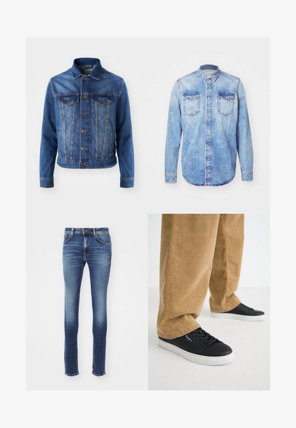 Chaqueta de mezclilla azul con cierre de botones en la parte delantera, dos bolsillos en el pecho y un cuello clásico. La tela tiene una textura ligeramente descolorida.; Camisa de mezclilla azul claro con mangas largas, cuello abotonado, dos bolsillos en el pecho y costuras en contraste. Dobladillo redondeado y corte clásico.; Vaqueros de denim azul con corte ajustado, que presentan una cintura de altura media, bolsillos cosidos y un ligero desgaste. Los bajos están ligeramente desgastados.; Zapatillas de cuero negro con suelas de goma blanca. Llevadas con pantalones de pana en color beige, con acanaladuras verticales y un ajuste relajado.