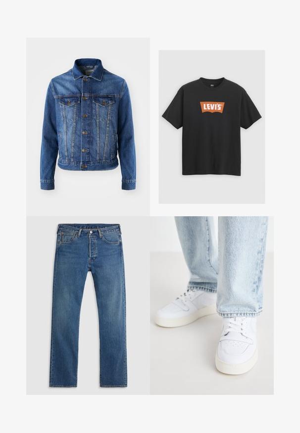 Blauwe denimjas met een knoopsluiting aan de voorkant, twee borstzakken en een klassieke kraag. De stof heeft een licht vervaagde structuur.; Zwarte katoenen t-shirt met een groot oranje Levi's logo op de voorkant, korte mouwen en een ronde hals.; Blauwe rechte denim jeans met vijf zakken, riemlussen en een sluiting met een knoop en ritssluiting aan de voorkant, op een effen achtergrond.; Witte leren lage sneakers met geperforeerde neus, platte veters en een minimalistisch ontwerp. Gecombineerd met lichtblauwe denim jeans.