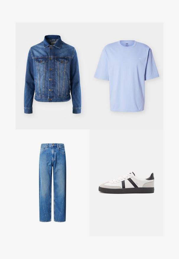 Blaue Jeansjacke mit Knopfverschluss, zwei Brusttaschen und klassischem Kragen. Der Stoff hat eine leicht ausgewaschene Textur.; Hellblaues T-Shirt mit kurzen Ärmeln und Rundhalsausschnitt, locker geschnitten und mit dezentem kleinem Logo auf der linken Brustseite.; Helle blaue Denim-Jeans mit hoher Taille, weitem Beinschnitt und schrägen Echsenähten. Verfügt über fünf Taschen und einen Knopfverschluss.; Weiße Sneaker mit schwarz- und grau-aczenten, ausgestattet mit einer strukturierten grauen Zehenkappe, schwarzer Gummi-Sohle und flachen weißen Schnürsenkeln. Sauberes Design, minimalistische Stil.