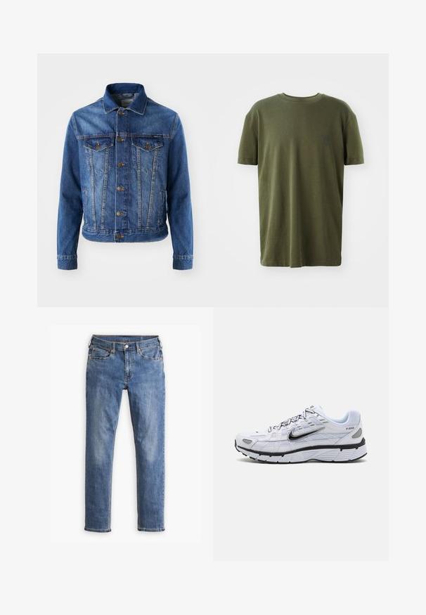 Blå denimjakke med knaplukning foran, to brystlommer og klassisk krave. Stoffet har en let falmet tekstur.; Oliven grøn t-shirt i bomuld med korte ærmer, rund hals og et lille logo trykt i mørkeblå på venstre bryst.; Blå slim-fit denim jeans med fem lommer og knaplukning, med let fading på lår og knæ, præsenteret på hvid baggrund.; Hvide løbesko med mesh-overdel, rund tå, sorte accenter og mønstret sål. Har snøring og branding på siden.