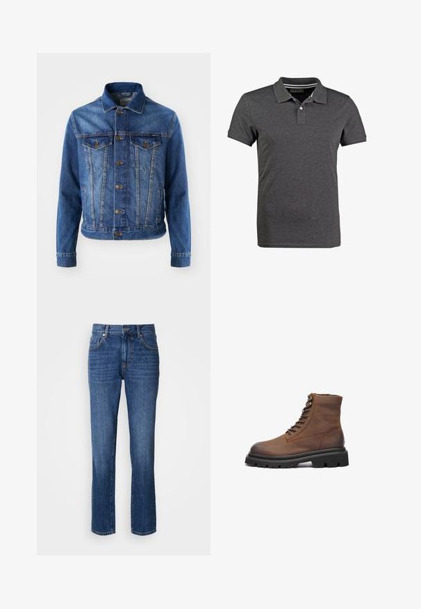 Blå denimjakke med knaplukning foran, to brystlommer og klassisk krave. Stoffet har en let falmet tekstur.; Grå polo T-shirt lavet af blødt stof, med klassisk krave, korte ærmer og en tre-knaps placket. Stribet detalje indeni kraven.; Mørkeblå denimjeans med klassisk lige ben, fem lommer og metalnappere. Stoffet har en glat tekstur.; Brun læder ankelstøvle med rund tå, snørebånd fortil, metaløjer og en tykk sort gummisål med skridsikret mønster.