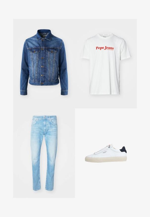 Blaue Jeansjacke mit Knopfverschluss, zwei Brusttaschen und klassischem Kragen. Der Stoff hat eine leicht ausgewaschene Textur.; Weißes Baumwoll-T-Shirt mit rotem "Pepe Jeans"-Logotext. Kurze Ärmel und runder Halsausschnitt, mit normaler Passform und ohne sichtbare Muster.; Hellblaue Denim-Jeans mit geradem Schnitt, ausgestattet mit zwei Fronttaschen und einem Knopfverschluss. Verwaschenes Aussehen mit subtiler Textur.; Weißer Sneaker in niedriger Schnittform mit beiger Sohle, weißen Schnürsenkeln, schwarzem Fersenlasche und dem "Pepe Jeans London"-Logo an der Seite.