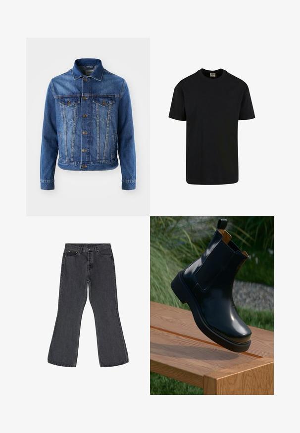 Blå denimjakke med knaplukning foran, to brystlommer og klassisk krave. Stoffet har en let falmet tekstur.; Urban Classics SHORTSLEEVE - T-shirts basic - black; Mørkegrå flare jeans lavet af denim, med et klassisk fem-lomme design, synlig syning og metal hardware detaljer.; Sorte læder chelsea støvle med glat finish, elastiske sidepaneler, rund tå og tyk gummisål, placeret ovenfor en træoverflade.