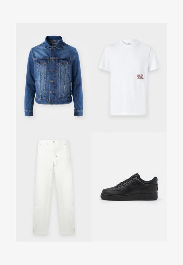 Blå denimjakke med knaplukning foran, to brystlommer og klassisk krave. Stoffet har en let falmet tekstur.; Hvid T-shirt med korte ærmer og rund hals med lille rød tekst "Nike Sport Research Laboratory" på venstre bryst.; Hvide bukser med lige ben, knap og lynlås, bæltestropper, forlommer og forstærkede knæpaneler.; Nike Sportswear AIR FORCE 1 07 FLYEASE - Sneakers - black