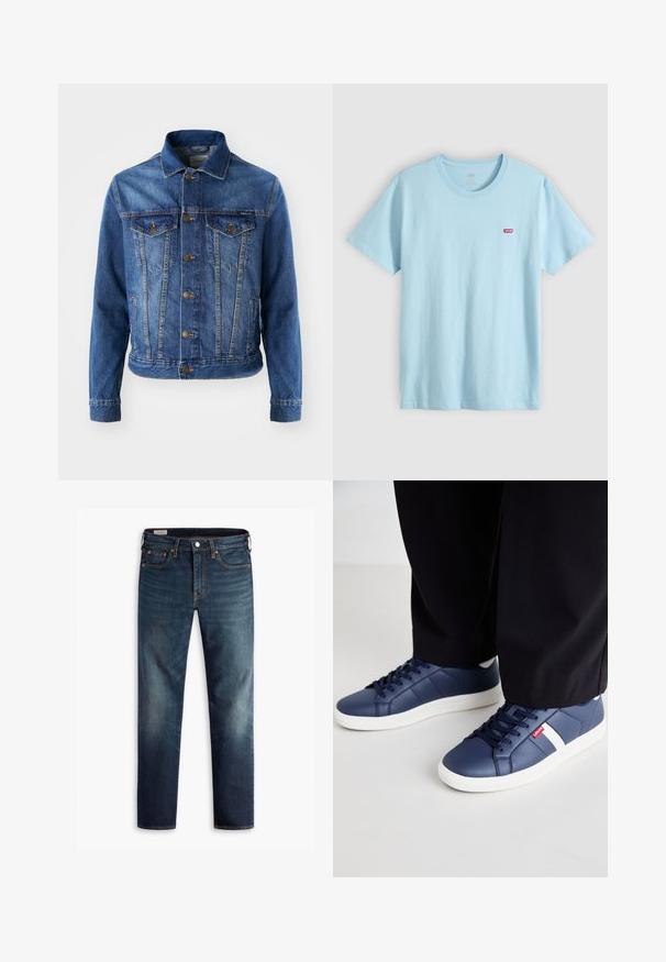 Chaqueta de mezclilla azul con cierre de botones en la parte delantera, dos bolsillos en el pecho y un cuello clásico. La tela tiene una textura ligeramente descolorida.; Camiseta de cuello redondo y manga corta de color azul claro con pequeño logo rojo de Levi's en el pecho izquierdo.; Jeans de mezclilla azul oscuro con un diseño de pierna recta, cinco bolsillos y accesorios de hardware en cobre. Las áreas desteñidas en las piernas proporcionan un contraste de textura.; Zapatillas de deporte azul marino hechas de material sintético suave, con acentos blancos y una suela de goma texturizada. Cordones y marca visibles.