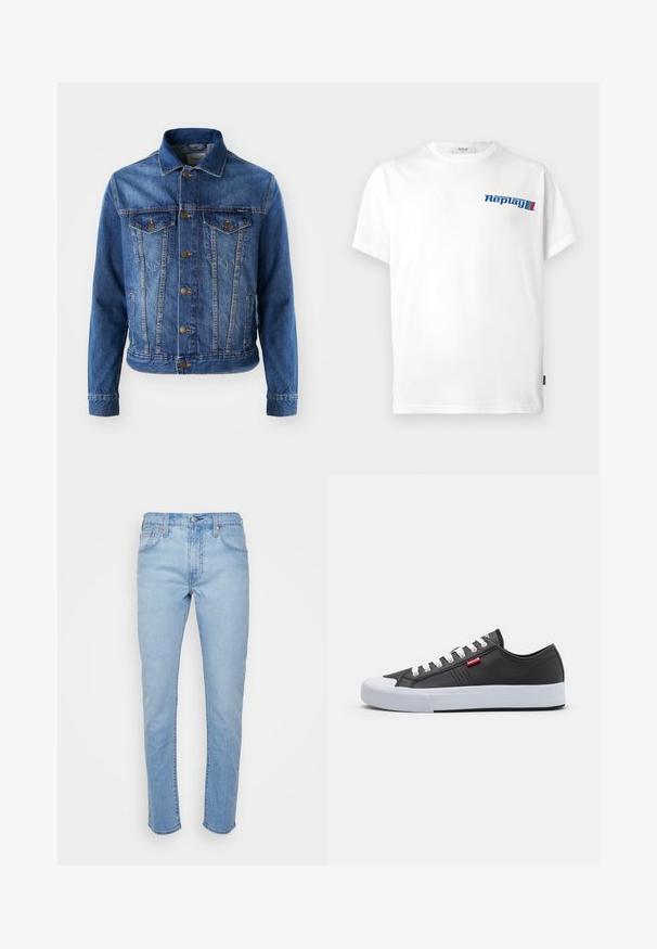 Chaqueta de mezclilla azul con cierre de botones en la parte delantera, dos bolsillos en el pecho y un cuello clásico. La tela tiene una textura ligeramente descolorida.; Camiseta de algodón blanca con el logo "Replay" en azul en el pecho; corte relajado con mangas cortas y cuello redondo.; Vaqueros de mezclilla de color azul claro, con corte recto, cinco bolsillos y cierre de botón metálico. Presentan un ligero desgaste y detalles de costura sutiles.; Zapatillas de cuero negro con suelas de goma blanca, puntera prominente, cordones blancos y una pequeña etiqueta de logo rojo en el lado.